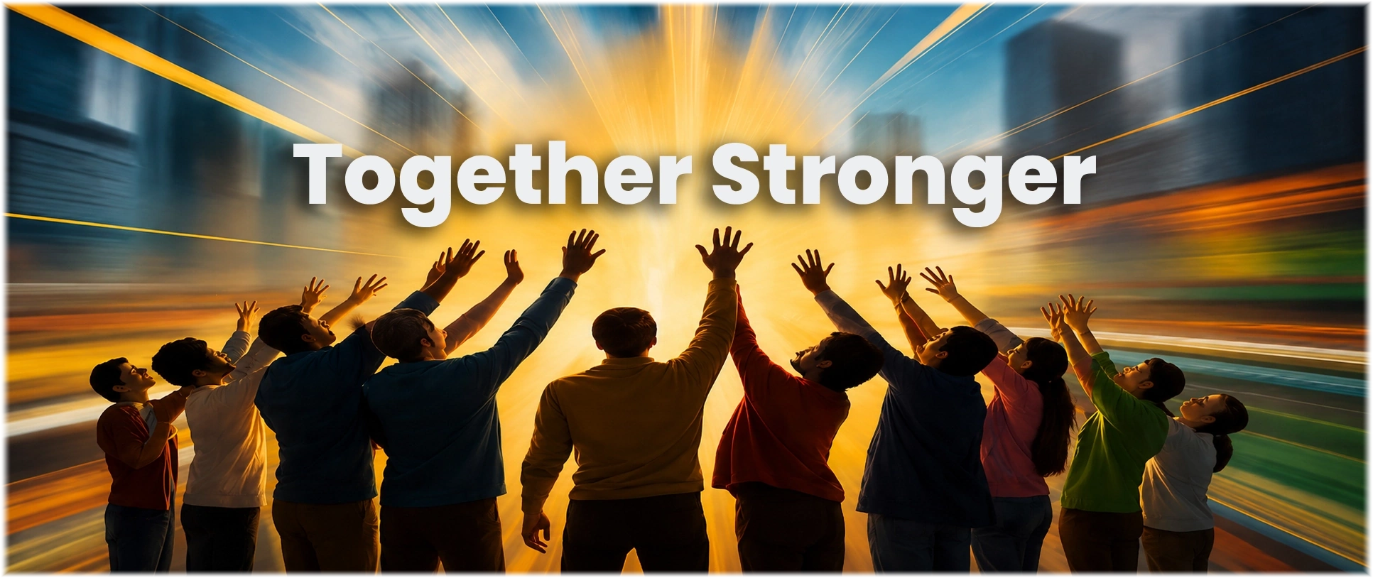 Community raising hands beneath the words Together Stronger for CryptonHero global impact